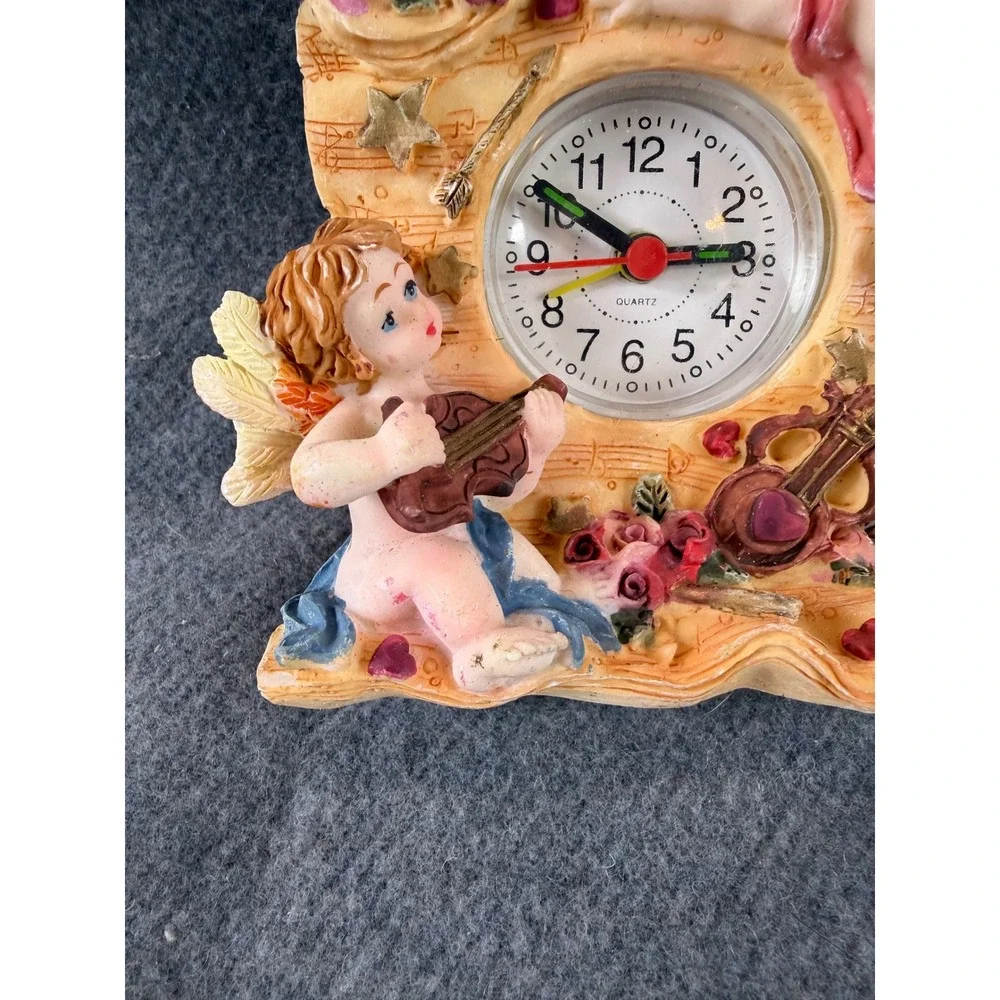 Angel Floral Victorian Cherub Desk Clock Resin Musical WORKS 4